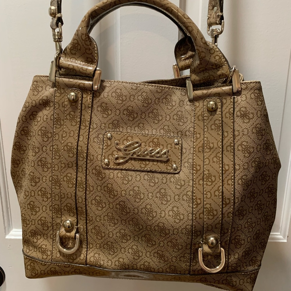 GUESS Large Brown & Gold Purse with Handles & Shoulder Strap in Great Condition